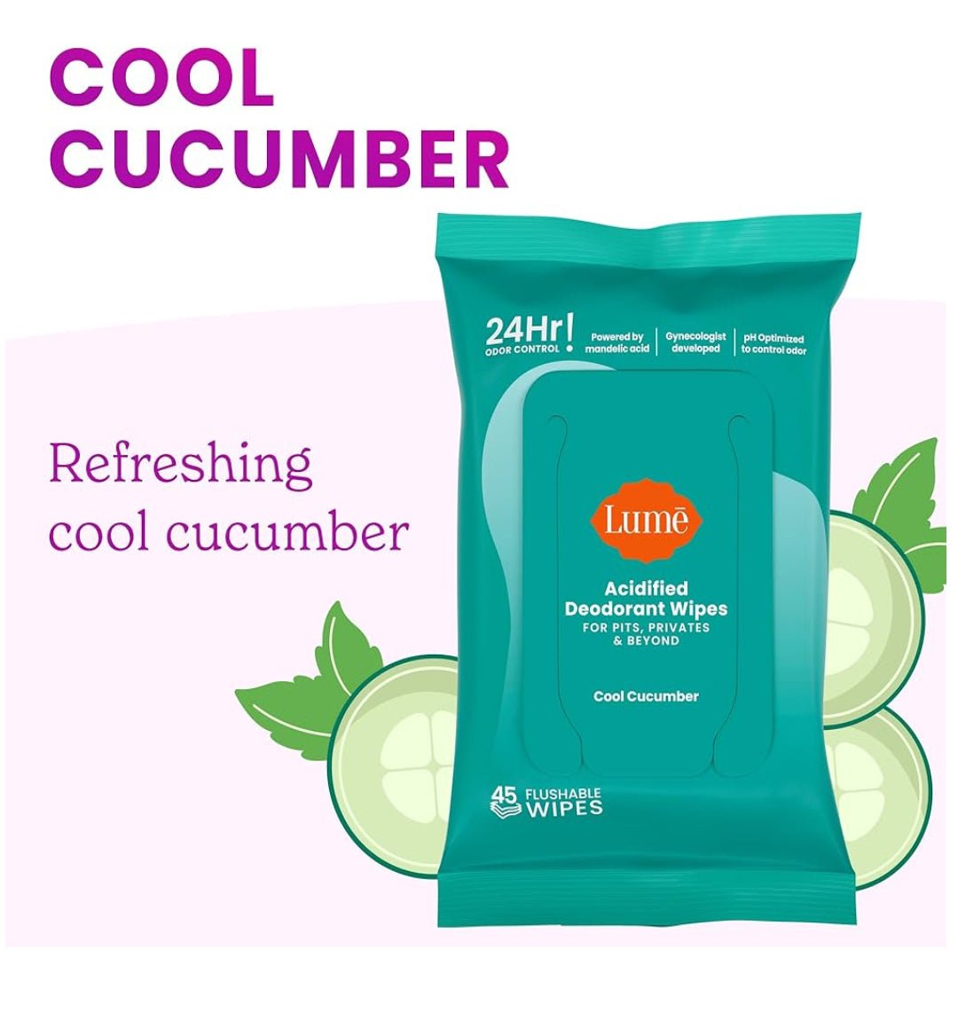 Lume Acidified Deodorant Wipes - 24 Hour Odor Control - 45 Count (Pack of 2) (Cool Cucumber) - Matt K's Merchandise