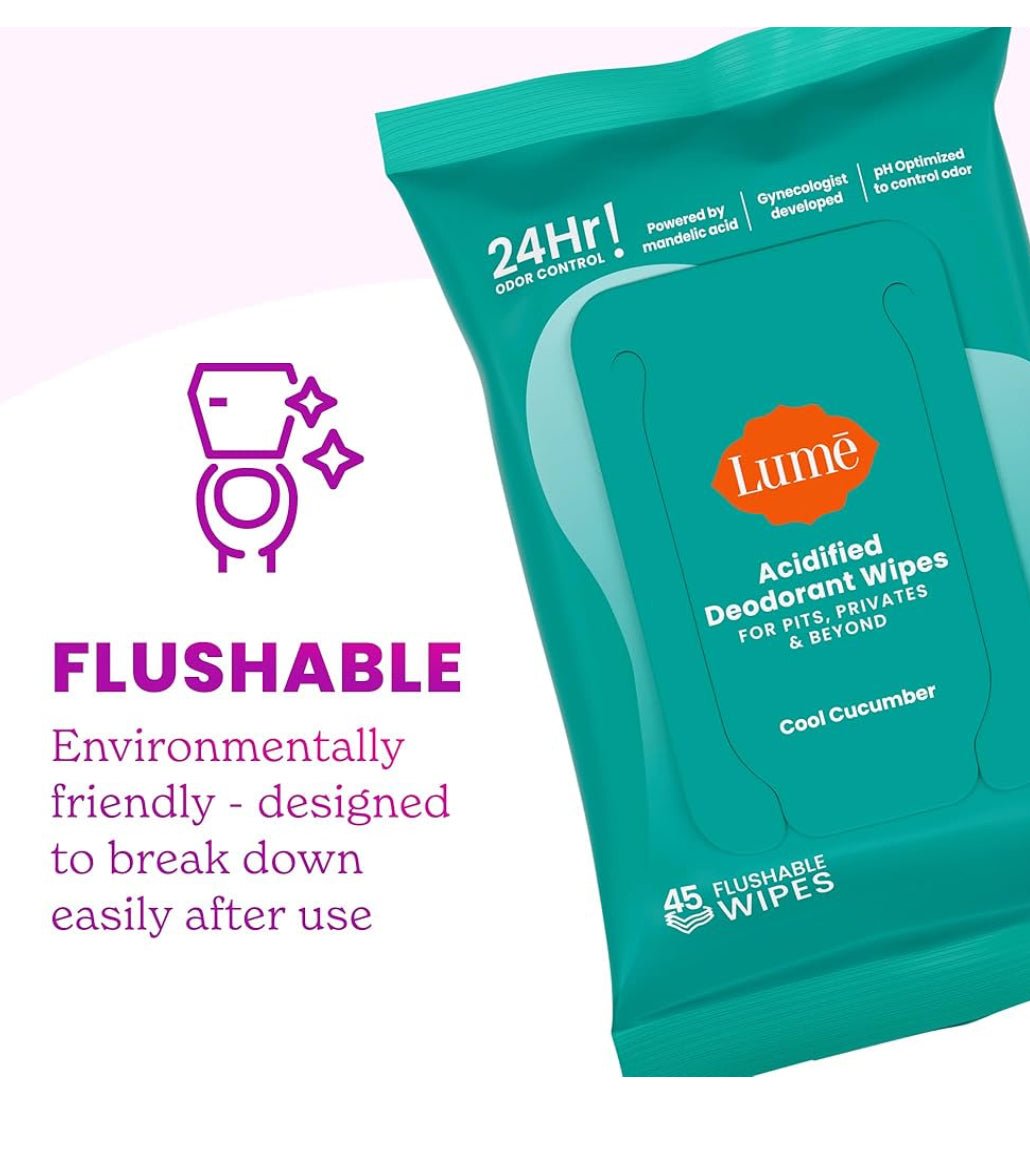 Lume Acidified Deodorant Wipes - 24 Hour Odor Control - 45 Count (Pack of 2) (Cool Cucumber) - Matt K's Merchandise