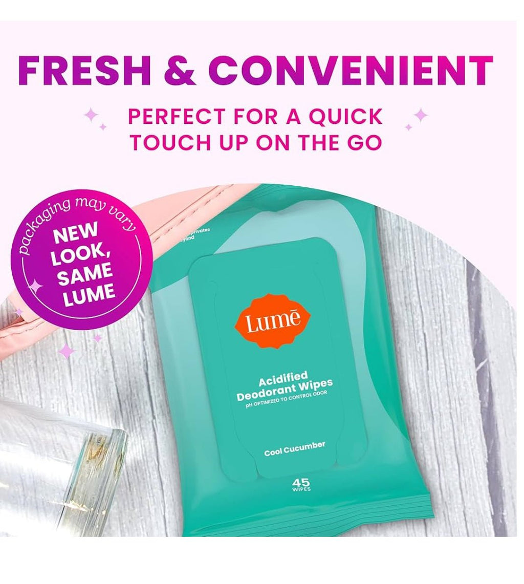 Lume Acidified Deodorant Wipes - 24 Hour Odor Control - 45 Count (Pack of 2) (Cool Cucumber) - Matt K's Merchandise